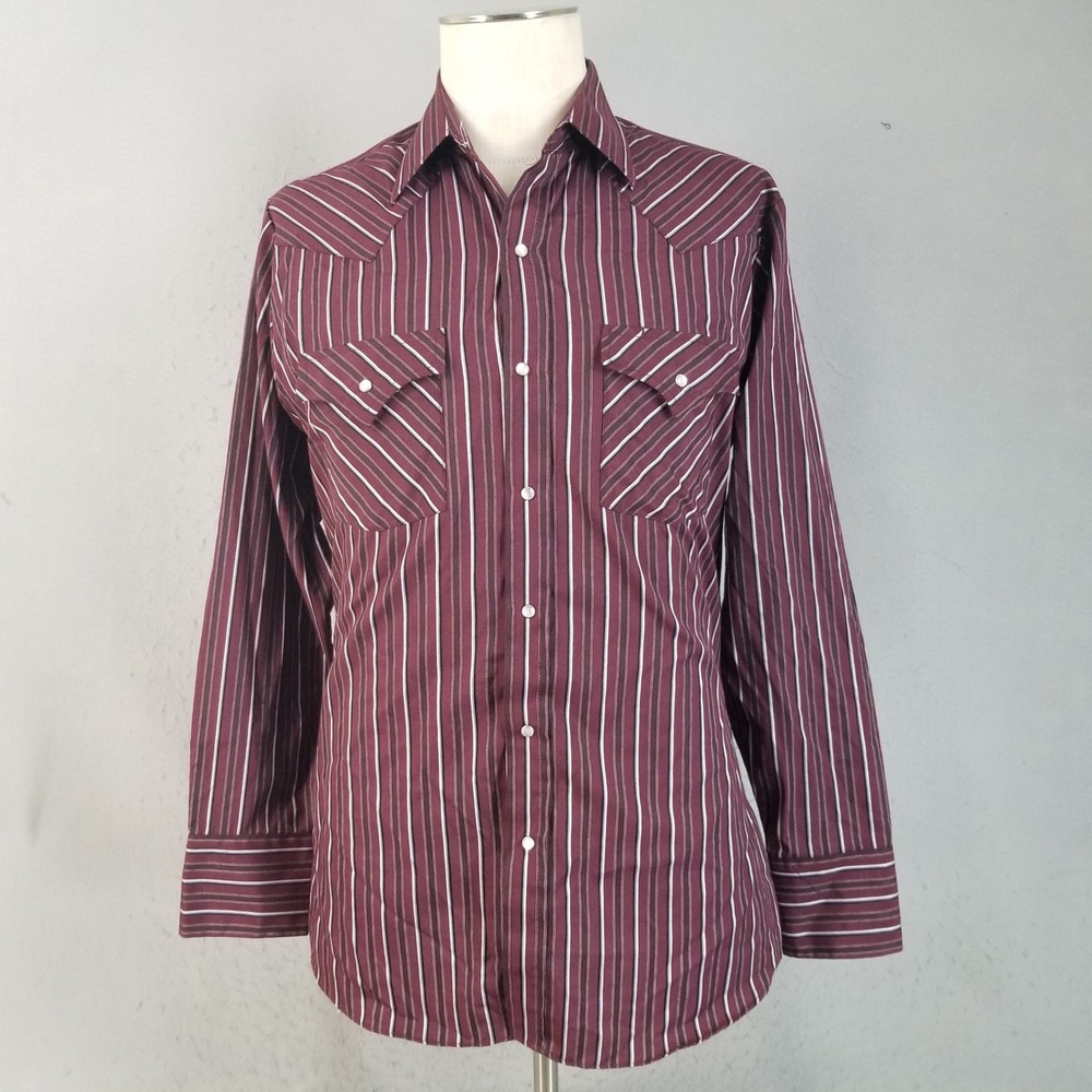 Ely Cattleman Shirt Mens M Burgundy Stripe Western Pearl Snap Long Sleeve